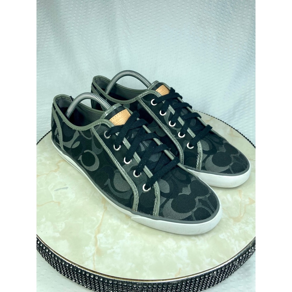 Coach Signature Monogram Canvas Sneakers Women 11B Black Gray Low Top Lace Up